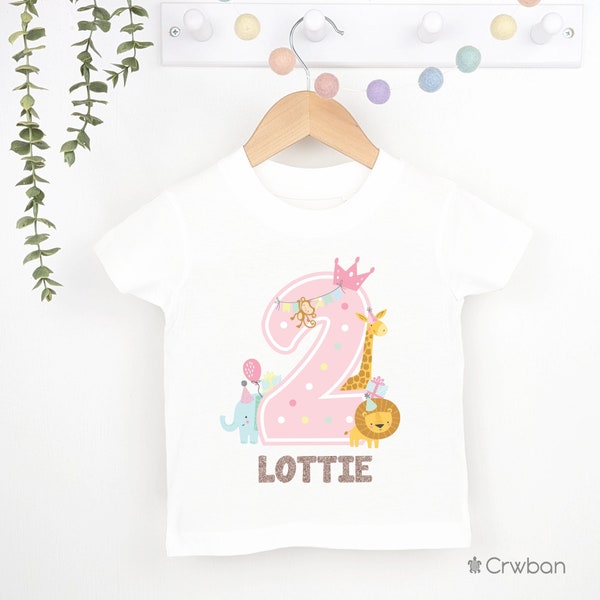 1st 2nd 3rd Birthday Girl Animal Theme Party T-shirt, Personalised First Second Birthday design with Rose Gold Glitter Print Any Age