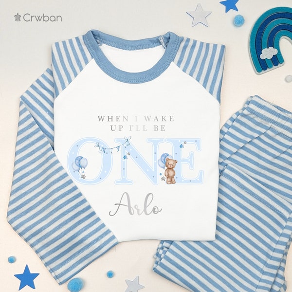 Watercolour Blue Teddy Bear Personalised 1st 2nd 3rd Birthday Boy Pyjamas When I Wake Up I'll Be Birthday, Birthday Nightwear