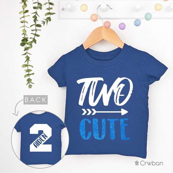 Two Cute Navy T-shirt Personalised 2nd Birthday Boy Top Second Birthday with Glitter and Back Print Baby Toddler Birthday Gift