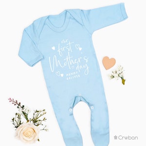 Pale Blue Our First Mother&#39;s Day Sleepsuit Romper Mummy Mum Personalised Baby Bodysuit Outfit Gift