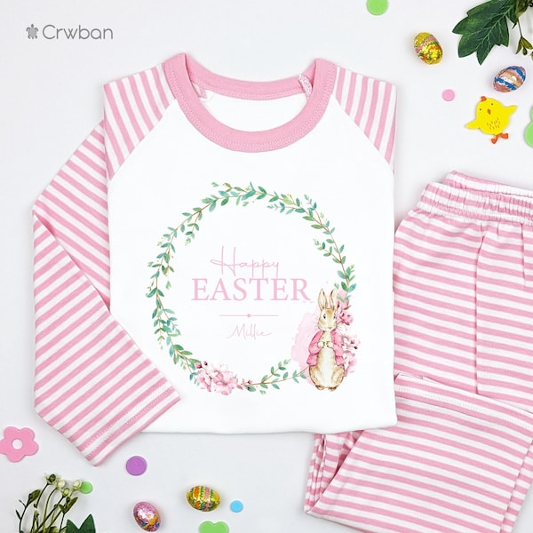 Happy Easter Pink or Blue Rabbit Wreath Personalised Pyjamas Easter Toddler Girls Boys Occassion Children's Easter Striped Pyjamas