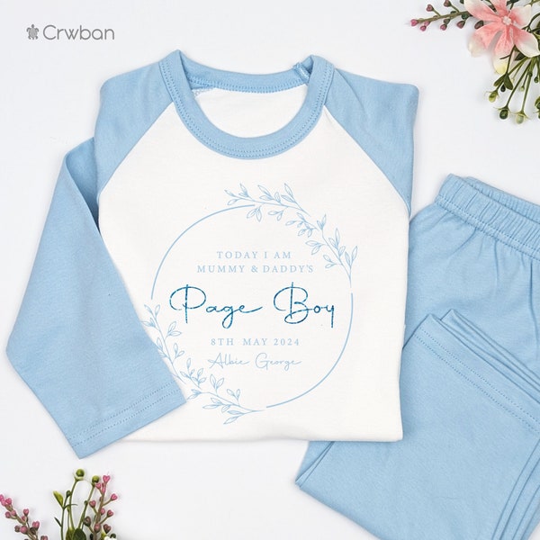 Page Boy Wedding Wreath Personalised Toddler Pj's, Special Occasion Mummy & Daddy's Page Boy Announcement Blue Pyjamas
