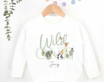 Wild One Green Safari Jungle theme 1st Birthday Party Sweatshirt, Personalised First Birthday design Childs Jumper Sweatshirt Baby Boy Girl