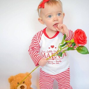 Our Little Valentine Personalised Glitter Red/ White Stripe PJ'S Baby Children Toddler Family Love Set Pyjama's image 3