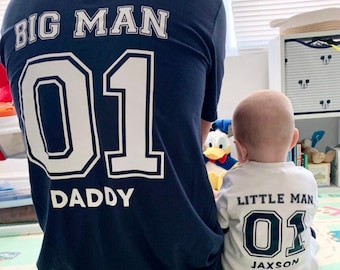 Big Man Little Man Personalised Father's Day Dad and Son Matching Adults Shirts Baby Toddler T-shirt Babygrow Gift Set New Dad Printed Back