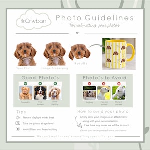May include: An instructional graphic titled Photo Guidelines for Crwban, detailing how to submit pet photos for custom mugs. It shows examples of good and bad photos, a step-by-step image processing sequence, and tips for natural lighting and eye-level shots.