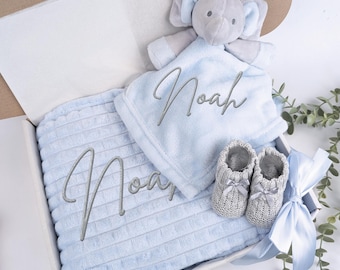 Embroidered Blue Elephant Comforter Blanket Gift Set | Baby Shower Gift | Baby Booties | Baby Gift | Newborn Girl Boy | Newborn Baby Gift