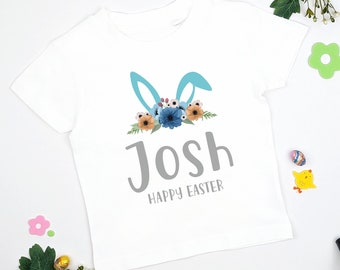 Happy Easter Floral Bunny Ears Personalised T-shirt, Toddler Children Tee Boy Girl Easter Hunt