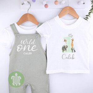 Wild One Personalised Embroidered Birthday Sage Fleece Dungarees, 1st Party Outfit with Grey Print, Childs Clothing, Birthday Outfit Safari Jungle