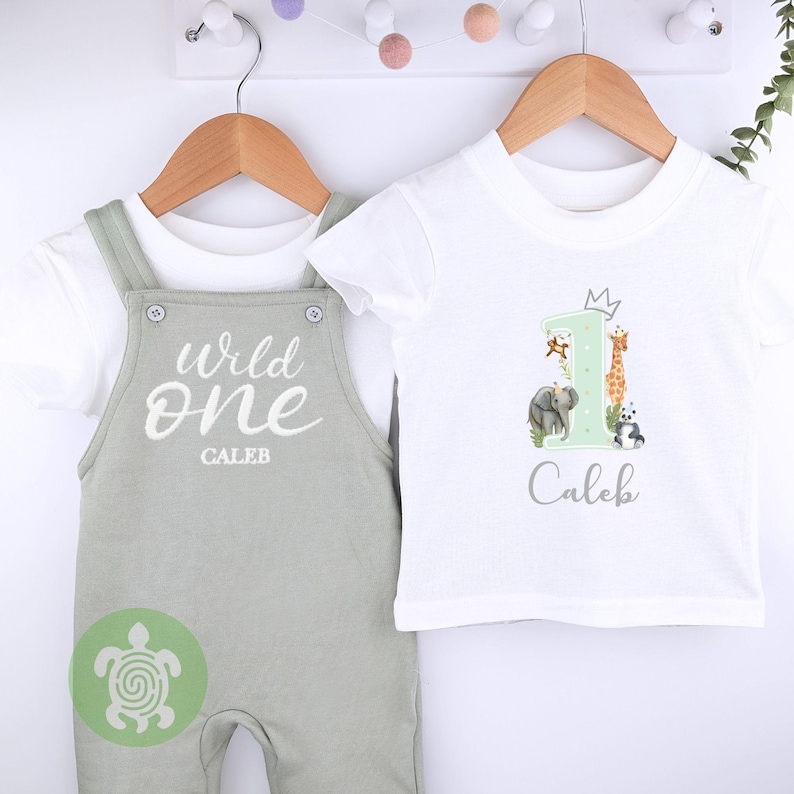 Wild One Personalised Embroidered Birthday Sage Fleece Dungarees, 1st Party Outfit with Grey Print, Childs Clothing, Birthday Outfit Safari Jungle