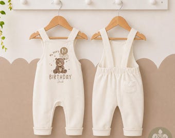 Personalised My Beary 1st Birthday Oat Fleece Dungarees, First Party Outfit with Brown Print, Childs Clothing, Birthday Outfit, Bear Theme