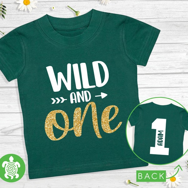 Wild and One Deep Green T-shirt Personalised 1st Birthday Boy Girl Top First Birthday with Gold Glitter and Back Print Baby Toddler