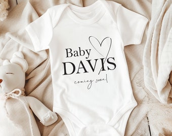 Personalised Coming Soon Baby Sketch Heart with Surname Pregnancy Announcement Unisex White Babygrow Bodysuit Gift Baby Shower