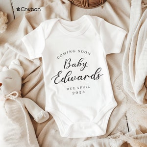 Personalised Coming soon with Surname and Date Pregnancy Announcement Unisex White Babygrow Bodysuit Gift Baby Shower