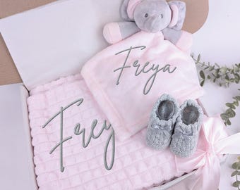 Embroidered Pink Elephant Comforter Blanket Gift Set | Baby Shower Gift | Baby Booties | Baby Gift | Newborn Girl Set | Newborn Baby Gift