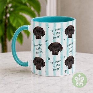 May include: A white ceramic mug with a teal interior and handle, featuring a repeating pattern of a brown Labrador retriever face, small teal stars, and the text Forever in My Heart printed in teal against vertical light blue stripes.