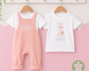 Any Age Personalised Embroidered Birthday Dusty Pink Fleece Dungarees Set,1st Party Outfit with Colour Print,Childs Clothing,Birthday Outfit