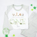 Neutral Green Four Safari Animals Any Age Personalised Kids Outfit Birthday Morning Set, Custom Name Cotton Clothing Set Tight-fitting style