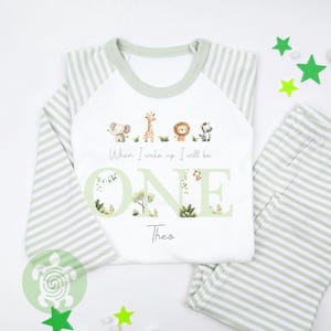 Neutral Green Four Safari Animals Any Age Personalised Kids Outfit Birthday Morning Set, Custom Name Cotton Clothing Set Tight-fitting style