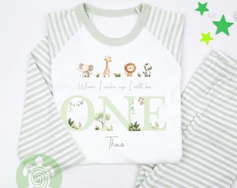 Neutral Green Four Safari Animals Personalised Children's, Any Age, When I Wake Up Birthday, Boy Girl Birthday Outfit, 1st 2nd, Birthday Eve