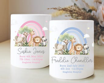 Personalised Safari Newborn Money Box, Christening Keepsake, Jungle Safari, New Baby Gift, First Birthday, Rainbow Gift, Keepsake Gift