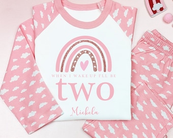 Pink Rainbow with Rose Gold Glitter Personalised Kids Outfit, Birthday Morning Set, Custom Name Cotton Clothing Set, Tight-fitting style