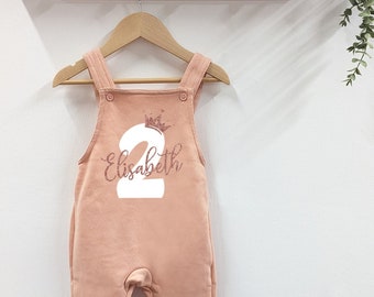 Crown 1st 2nd Birthday Dusty Pink Fleece Dungarees, Party Outfit Personalised design with Rose Gold Glitter Print Toddler Childs Outfit