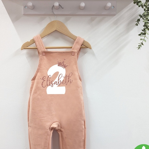 Crown 1st 2nd Birthday Dusty Pink Fleece Dungarees, Party Outfit Personalised design with Rose Gold Glitter Print Toddler Childs Outfit