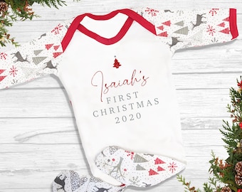 Personalised 1st First Christmas Sleepsuit & bib 2018 with Red Santa appliqué 