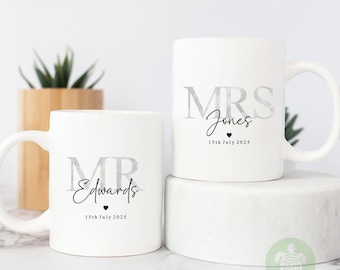 Personalised Mr & Mrs Wedding Mug, Grey Marble effect Love Heart, Couple Coffee Tea Mug, Wedding or Anniversary Mug, Bride and Groom Mug Set