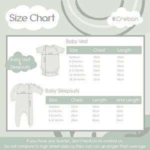 May include: A size chart for baby vests and sleepsuits. The chart includes chest, length, and arm length measurements in centimeters for various sizes, from newborn to 18-24 months. The text also includes a note about sizing.