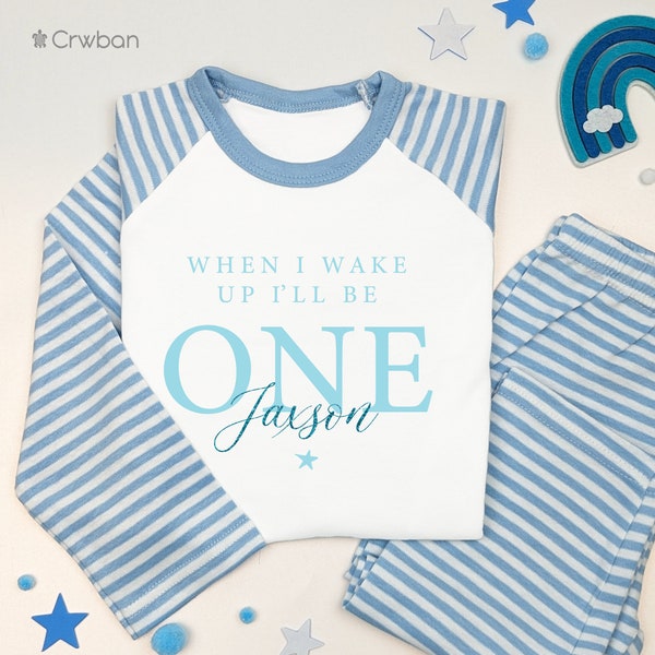 Cute Baby Blue Birthday Pj's Personalised with Any Age When I Wake Up Blue Stripe or Cloud Pyjamas Baby Child Toddler with Aqua Blue Glitter