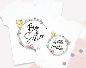 Big and Little Sister Announcement Floral with Butterfly T-Shirts and Bodysuits gift, Babyshower Gift, Newborn Children's Outfit