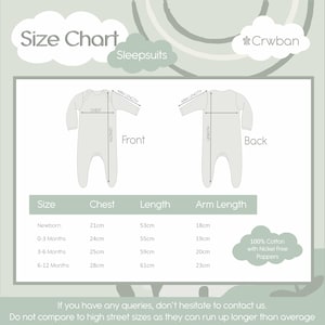 May include: A size chart for sleepsuits by Crwban, featuring front and back illustrations of a sleepsuit with labeled measurements for chest, length, and arm length. A table lists sizes from newborn to 12 months with dimensions in centimeters.