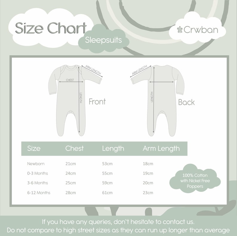 May include: A size chart for sleepsuits by Crwban, featuring front and back illustrations of a sleepsuit with labeled measurements for chest, length, and arm length. A table lists sizes from newborn to 12 months with dimensions in centimeters.