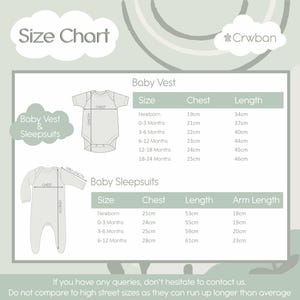 May include: A size chart for baby vests and sleepsuits, detailing chest, length, and arm length measurements in centimetres. Sizes range from newborn to 18-24 months. The text advises against comparing to high street sizes.