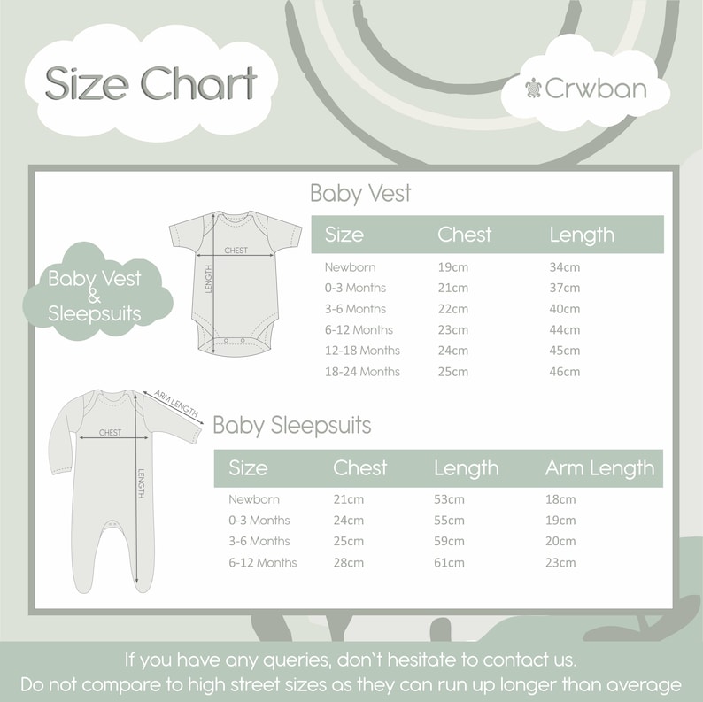 May include: A size chart for baby vests and sleepsuits, detailing chest, length, and arm length measurements in centimetres. Sizes range from newborn to 18-24 months. The text advises against comparing to high street sizes.