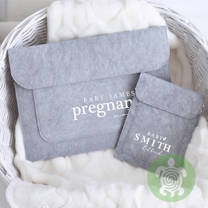 May include: Two grey felt baby announcement pouches with white text. The larger pouch reads "BABY JAMES pregnant now" and the smaller pouch reads "BABY SMITH kid book". The pouches are on a white fluffy blanket inside a white wicker basket.