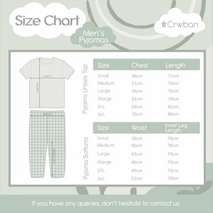 May include: A size chart for pajamas featuring a line drawing of a t-shirt and checkered pants. The chart displays measurements in centimeters for chest, length, waist, and inner leg for sizes small through 3XL. The text includes Crwban.