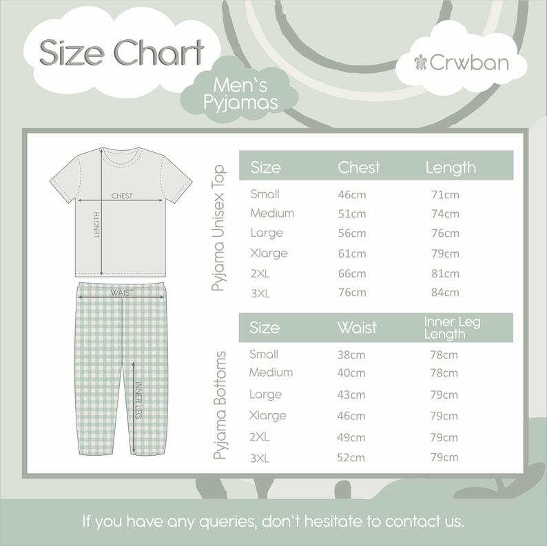 May include: A size chart for pajamas featuring a line drawing of a t-shirt and checkered pants. The chart displays measurements in centimeters for chest, length, waist, and inner leg for sizes small through 3XL. The text includes Crwban.