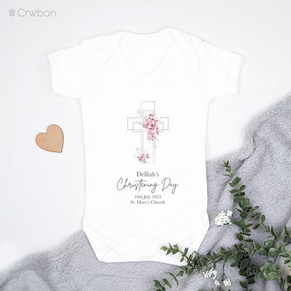 Personalised Baby Christening Outfit, Rose Flowers Silver Cross Baptism Naming Day gifts Baby Girl Sleepsuit Bodysuit Vest Newborn designed