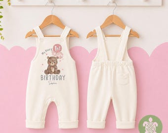 Mono de polar personalizado My Beary rosa para primer cumpleaños, color avena, con estampado marrón, para primera fiesta, para niño, para cumpleaños, de oso.