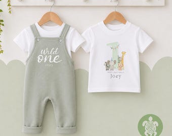 Wild One Personalised Embroidered Birthday Sage Fleece Dungarees, 1st Party Outfit with Grey Print, Childs Clothing, Birthday Outfit