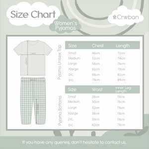 May include: A size chart for pajamas with the text Size Chart and Crwban. It displays a diagram of a t-shirt and pants with labels for chest, length, waist, and inner leg. A table lists measurements in cm for sizes small through 3XL for tops and bottoms.