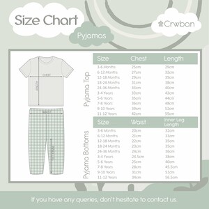 May include: A size chart for pyjamas featuring a light green and white color scheme. The chart includes a diagram of a t-shirt and plaid pants with labels for chest, length, waist, and inner leg. It lists measurements in cm for ages 3 months to 12 years.