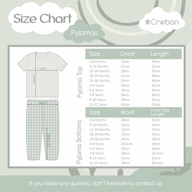 May include: A size chart for pyjamas featuring a light green and white color scheme. The chart includes a diagram of a t-shirt and plaid pants with labels for chest, length, waist, and inner leg. It lists measurements in cm for ages 3 months to 12 years.