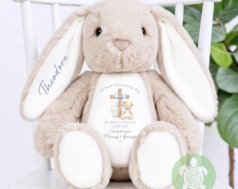 Personalised Blue Teddy Cross Christening Bunny Gift, Baptism, Dedication or Holy Communion Gift, Personalised Bunny for Baby’s Special Day