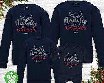 Welsh Nadolig Navy Family Sweatshirt Personalised Christmas Matching Jumper Reindeer Antlers Baby | Toddler | Mum Dad | Men Women