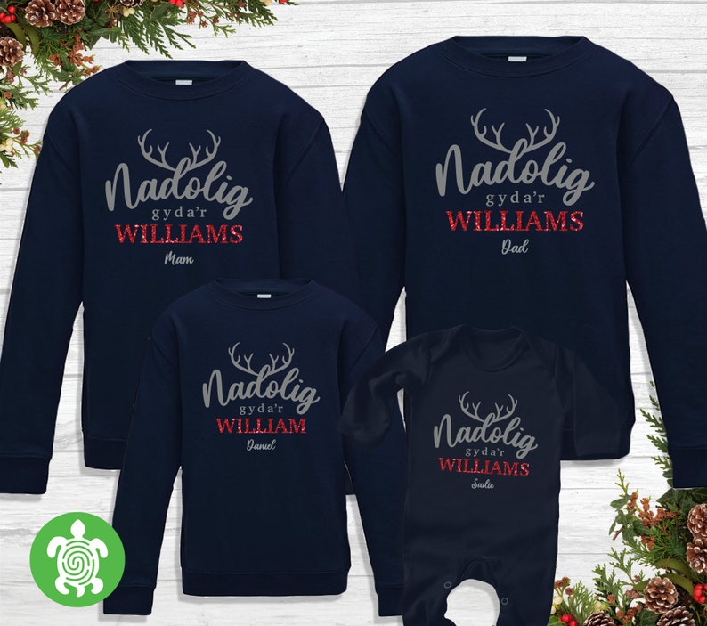 Welsh Nadolig Navy Family Sweatshirt Personalised Christmas Matching Jumper Reindeer Antlers Baby Toddler Mum Dad Men Women image 1