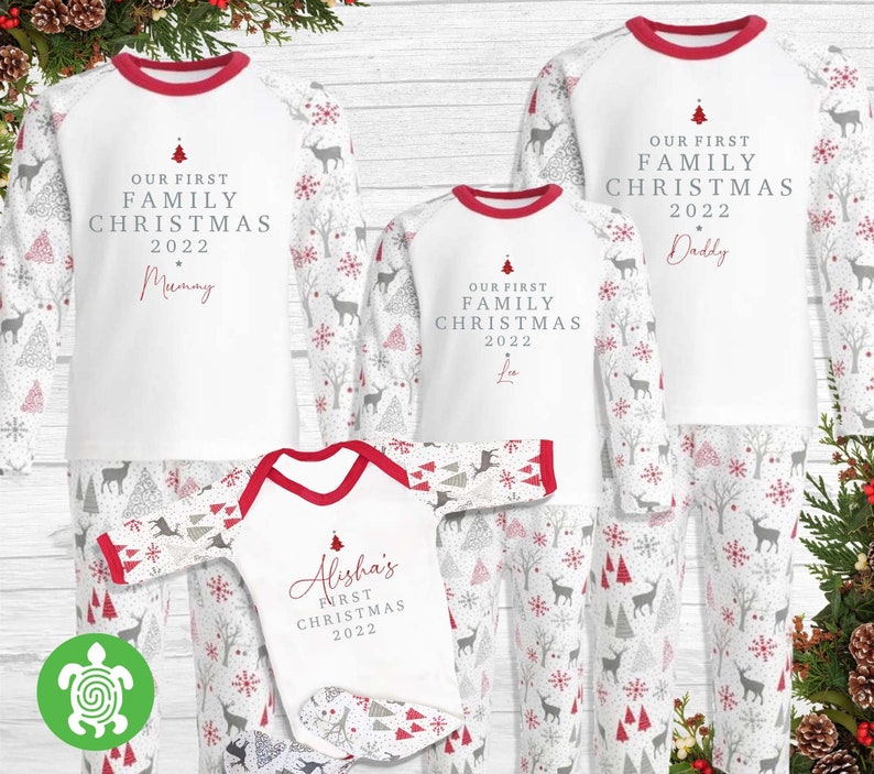 Luxury Our First Family Christmas Personalised Matching Red, Grey PJ'S Set Newborn Toddler Mum Dad Men Women Pyjamas image 1